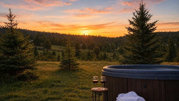 A hot tub with a wooden deck, two glasses of red wine, and a stack of towels. - The Drift at Firelight | Big Sky Adventure+Hot Tub (Big Sky)