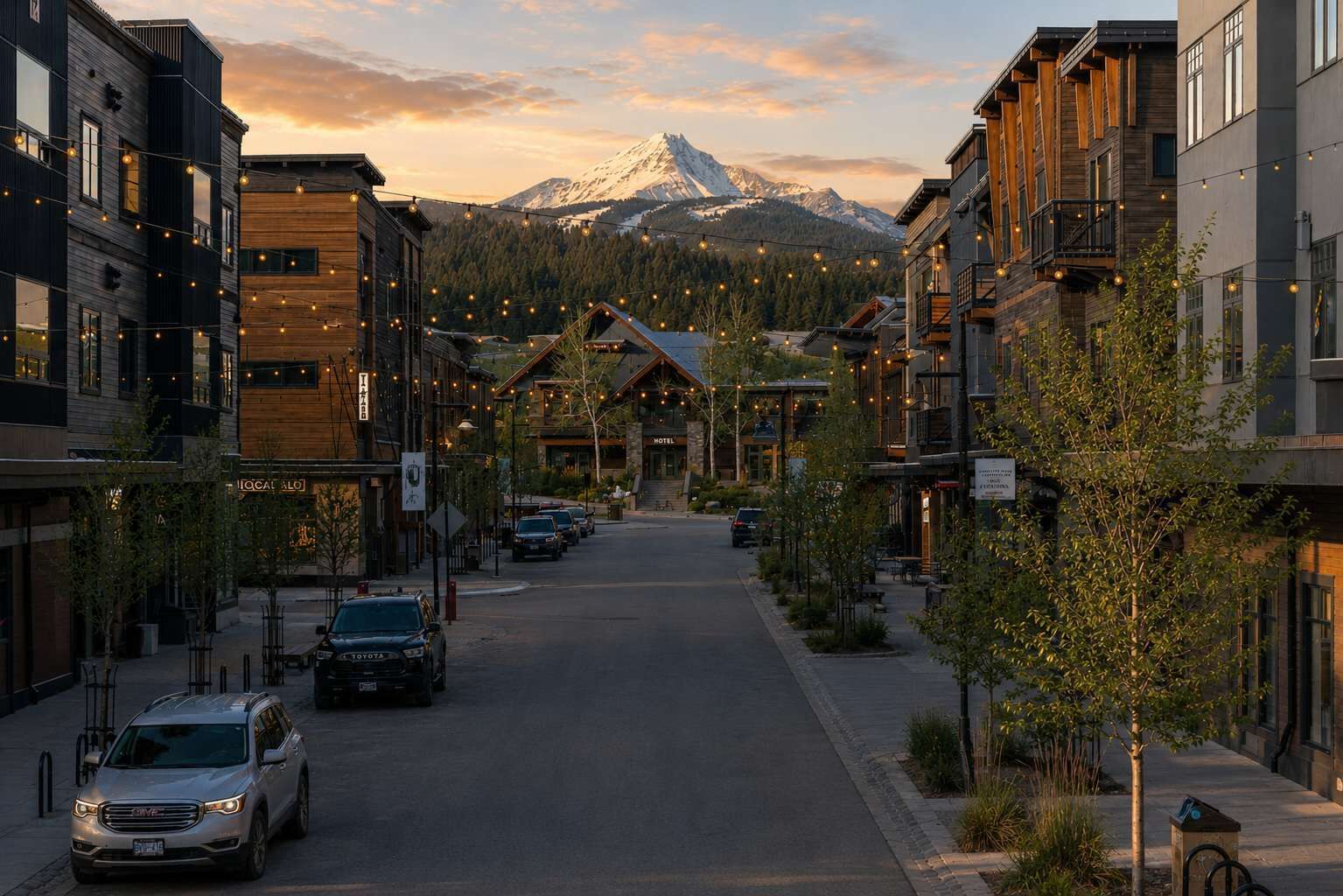 A street lined with buildings, a hotel with a mountain view, and a snowy mountain in the background.