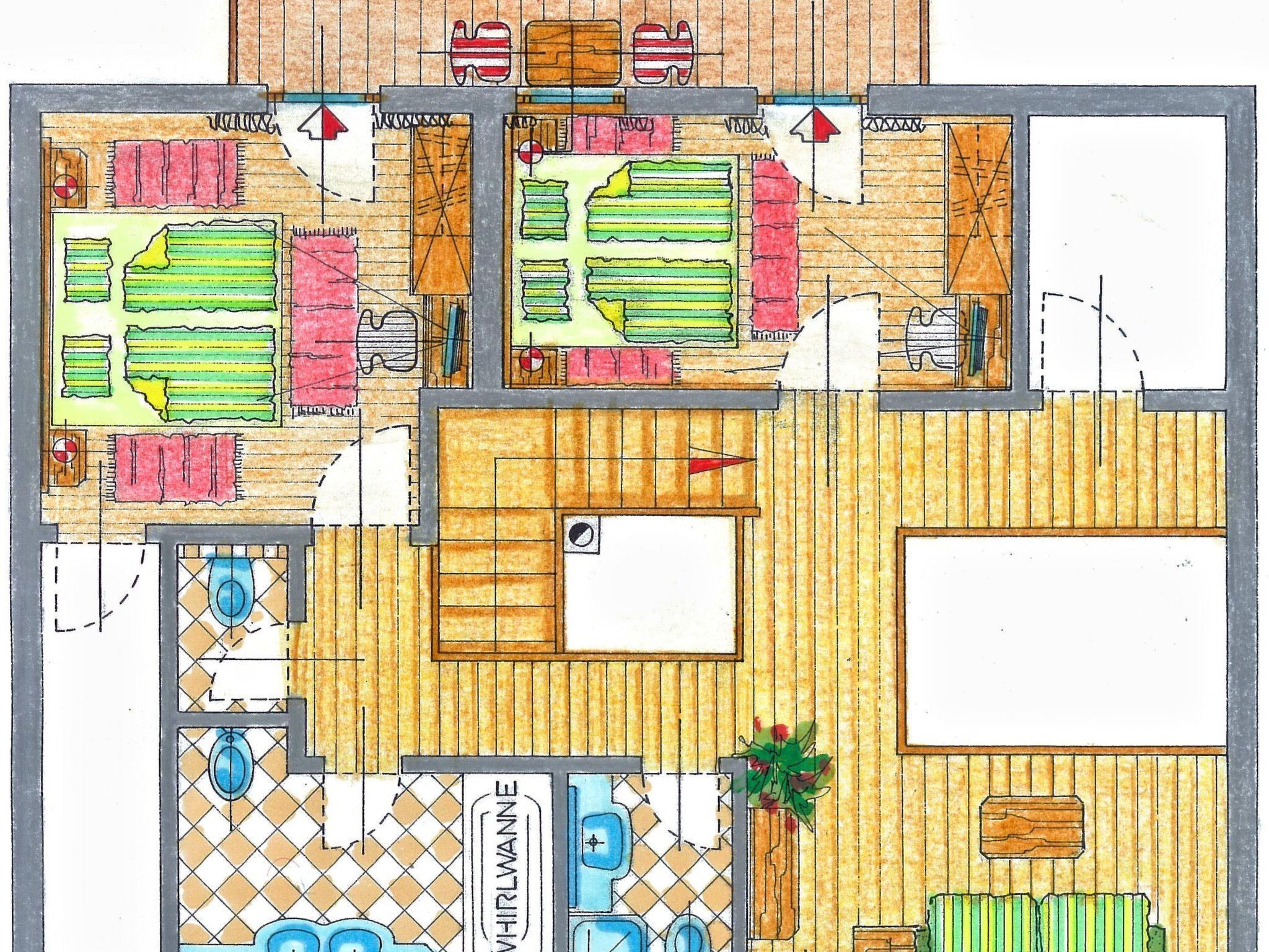 A hotel floor plan with multiple rooms, a bathroom, and a dining area.
