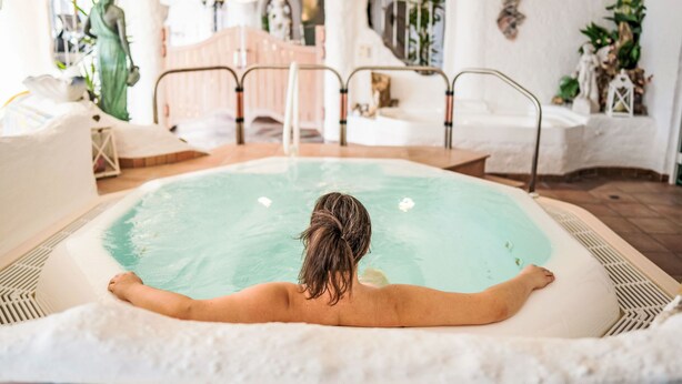 A person relaxing in a hot tub with a view of a room with a bed, a statue, and a plant. - Glocknerhaus by Interhome (Berg im Drautal)