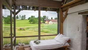 A room with a bed, a large window, and a view of a green field and buildings.