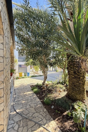 A stone pathway leading to a building with a palm tree and a small garden area. - Wohnung Vir 02 in Strandnähe - Agentur TA Leut by Interhome (Vir)