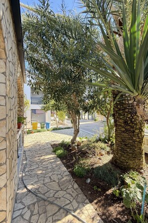 A stone pathway leading to a building with a palm tree and a small garden area. - Wohnung Vir in Strandnähe 01 - Agentur TA Leut by Interhome (Vir)