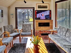 Televisie, een open haard en een dvd-speler