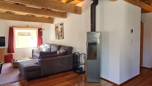 Un salon chaleureux avec une cheminée moderne, des poutres en bois, un canapé gris et une fenêtre ornée de rideaux rouges.