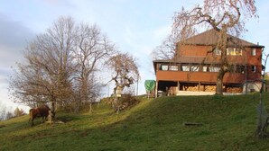 A rustic building with a sloped roof, a covered porch, and a stack of firewood.