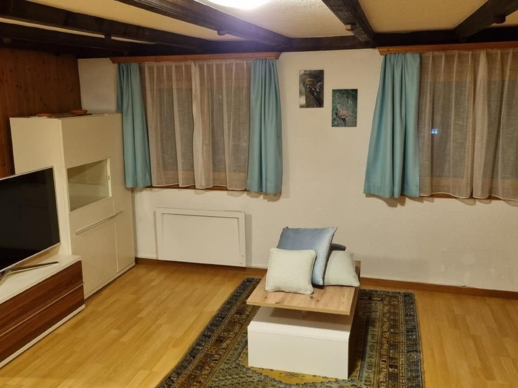 Una sala de estar con televisor, sofá con cojines, una mesita y alfombra estampada.