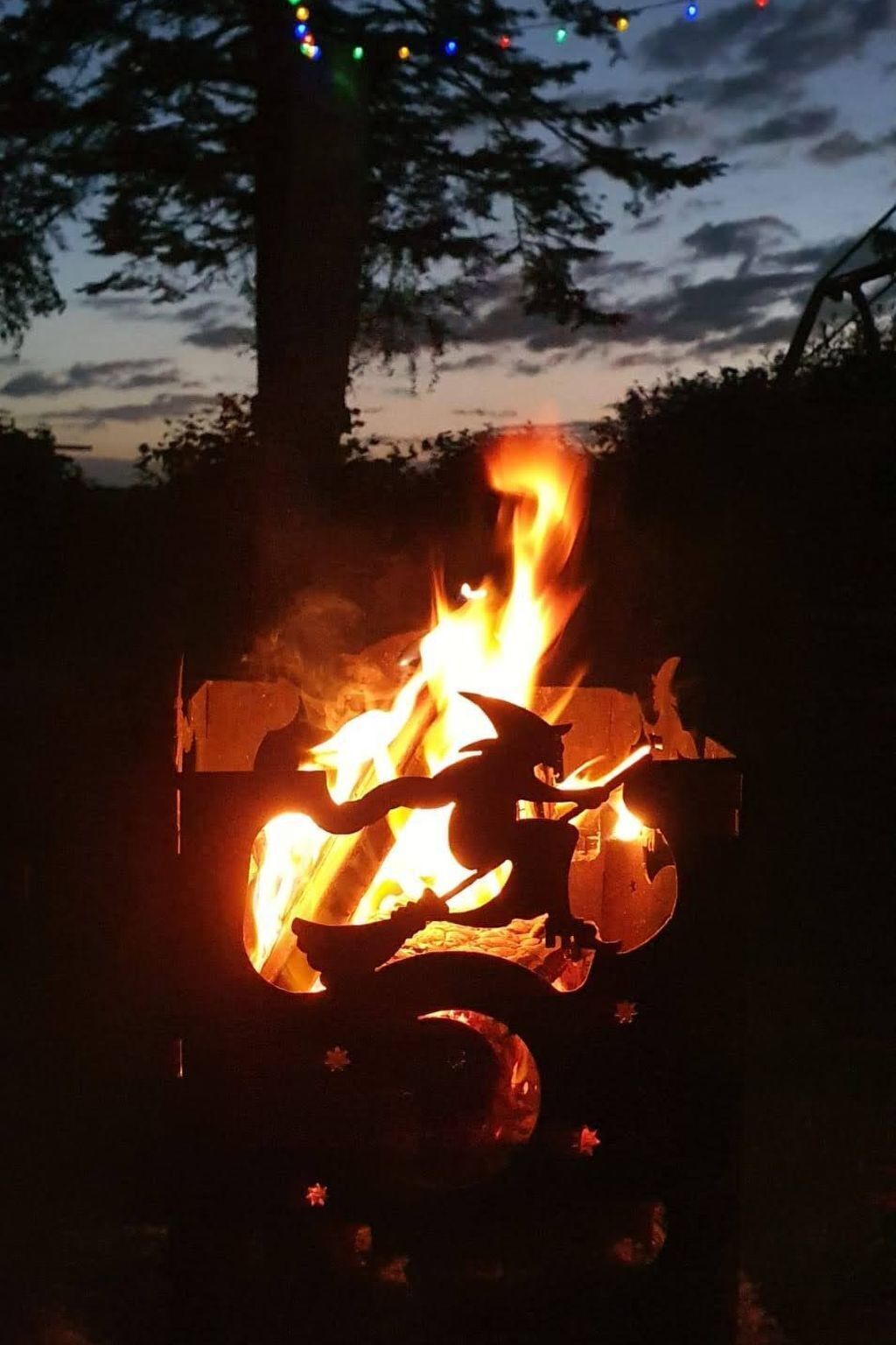 Un feu de camp avec des bûches et un récipient en métal, entouré d’arbres et sous un ciel crépusculaire.