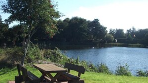 Une table de pique-nique et des bancs sont installés sur une pelouse près d’un lac.