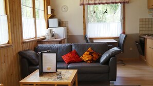 Ein gemütlicher Wohnbereich mit einem dunkelgrünen Ledersofa, einem Holztisch und Blick auf eine Küche und Essbereich durch ein Fenster.