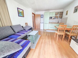 Ein kompakter Wohnraum mit einer Couch, einem kleinen Tisch, einer Essecke mit Stühlen, einer Küchenzeile und einer Tür zu einem weiteren Raum.