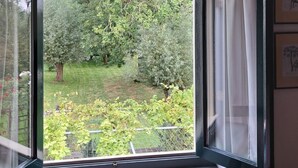 Ett rum med ett stort fönster, en rutig duk och utsikt över en trädgård.