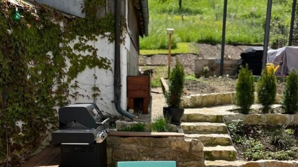A patio with a glass-top table and turquoise chairs, surrounded by a garden with small trees and a barbecue area. - South Beach Apartment 10km Rheinfall by Interhome (Hemmental)