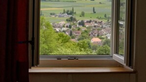 Een raam met uitzicht op een landelijk landschap, met velden en een klein dorp.