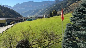 Un paisaje rural con una bandera, campos verdes y montañas al fondo.