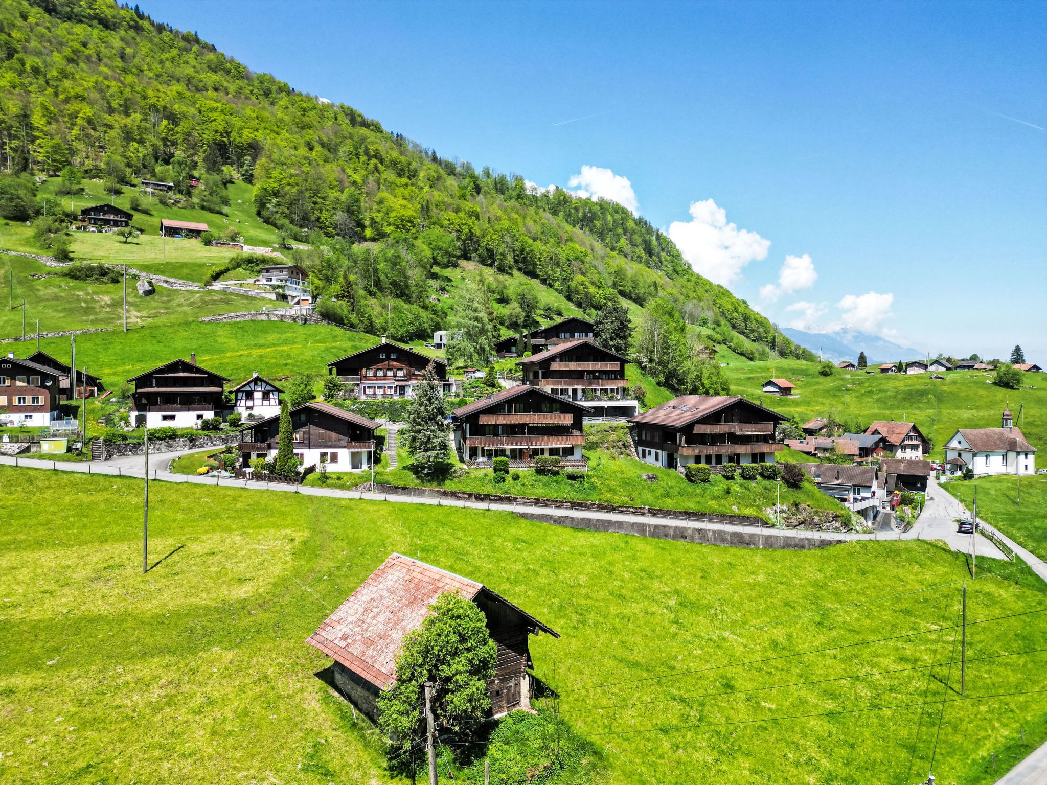 A cluster of traditional wooden houses with balconies, set in a lush green valley with a clear sky.