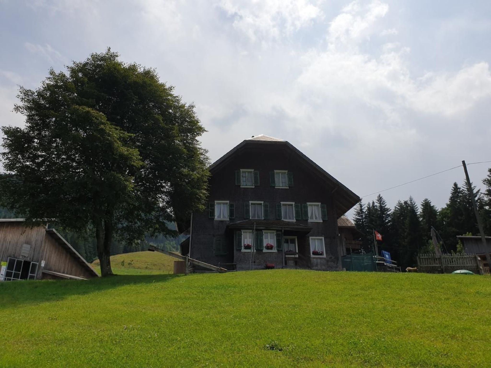 Un bâtiment à deux étages, doté d’un toit en pente, de nombreuses fenêtres et d’un grand arbre au premier plan.