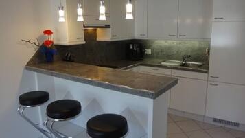 Fridge, microwave, oven, cookware/dishes/utensils