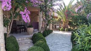 Un jardin avec un chemin de pierres, des arbustes soigneusement taillés et une pergola ornée de fleurs violettes.