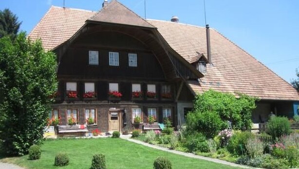 Een chalet in traditionele stijl met een flauw hellend dak, veel ramen en een verzorgde tuin met hagen en bloembedden.
