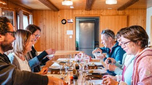 A group of people dining at a wooden table with wine glasses and plates of food. - Lamahof Tschäppel by Interhome (Huttwil)