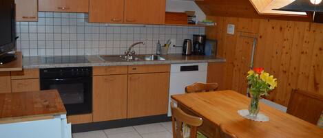 Fridge, oven, dishwasher, cookware/dishes/utensils