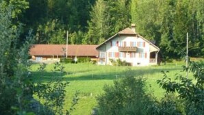 A two-story house with a sloped roof, surrounded by a forested area and a fenced yard. - FeWo Südhang by Interhome (Rüschegg Heubach)