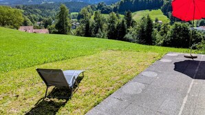 A grassy outdoor area with a red umbrella and a chair. - FeWo Südhang by Interhome (Rüschegg Heubach)