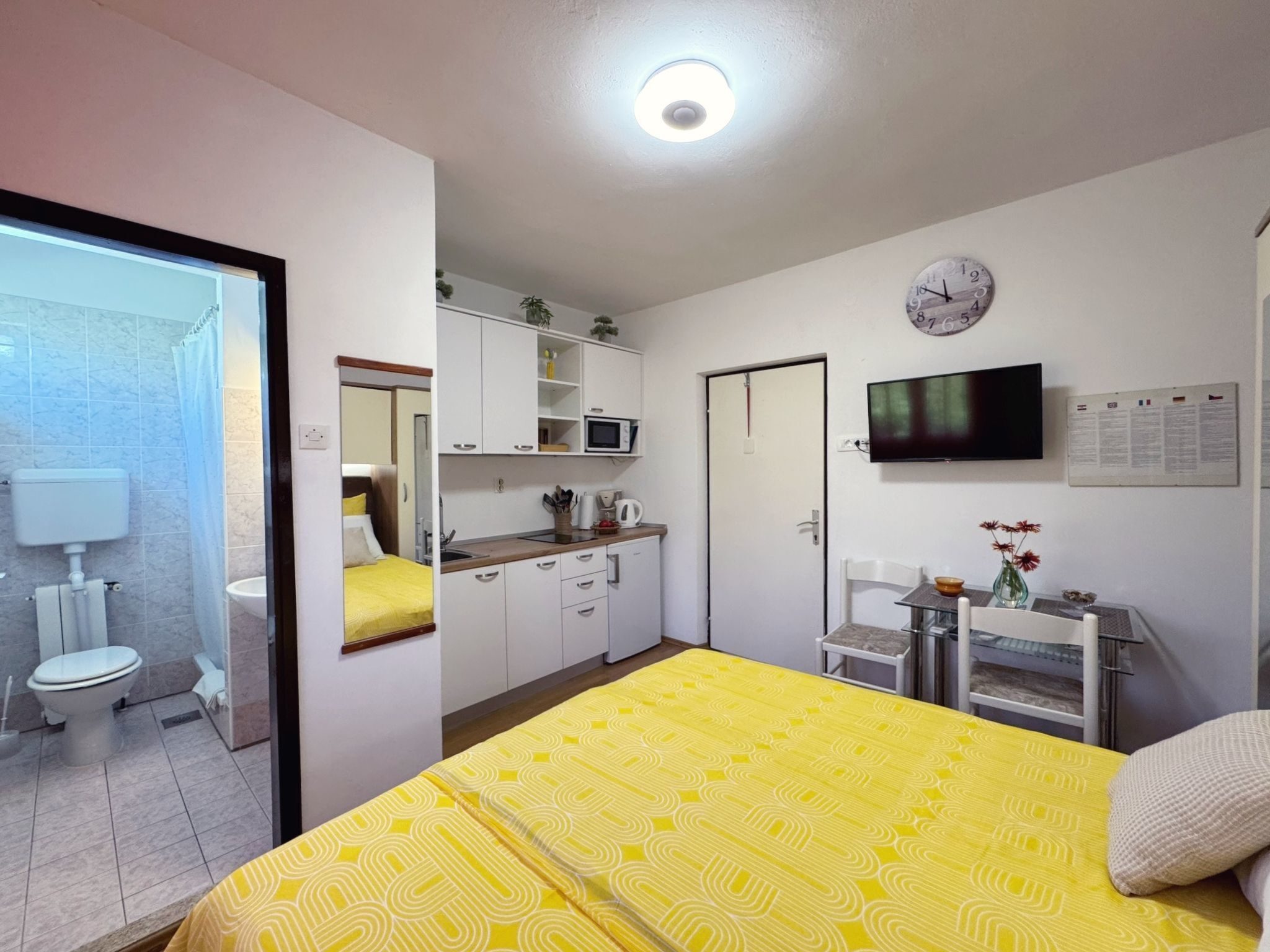 A compact bedroom with a bed, a small kitchenette, a bathroom, and a TV.