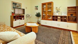 A living room with a sofa, TV, wooden cabinets, and a patterned rug.