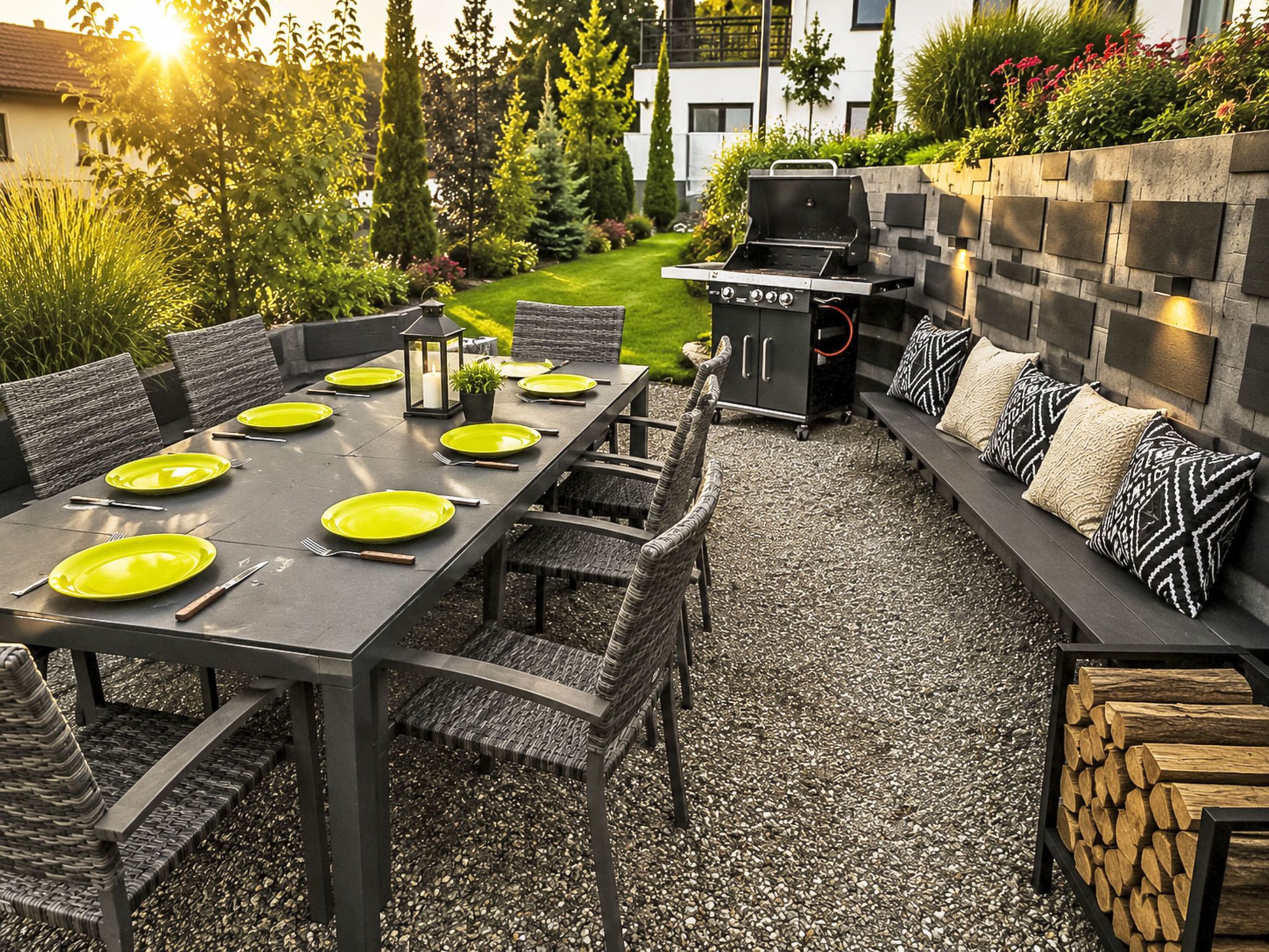 Un espace de restauration en plein air avec une longue table, des chaises et un banc intégré doté de coussins.