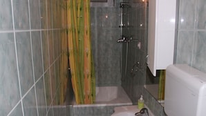 Een badkamer met een douche, wastafel en toilet.