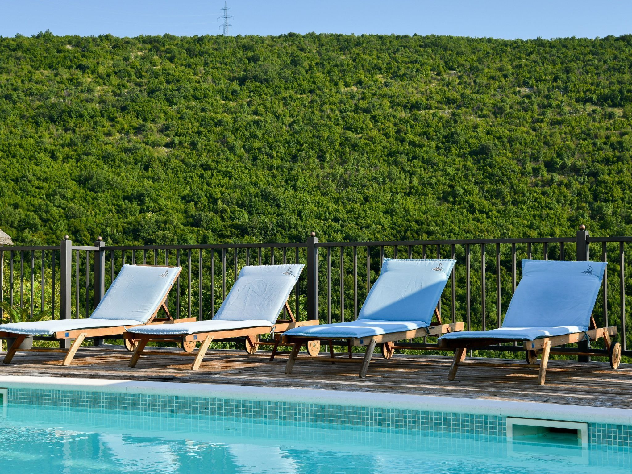 Ein Poolbereich mit Liegestühlen und Blick auf einen bewaldeten Hang.