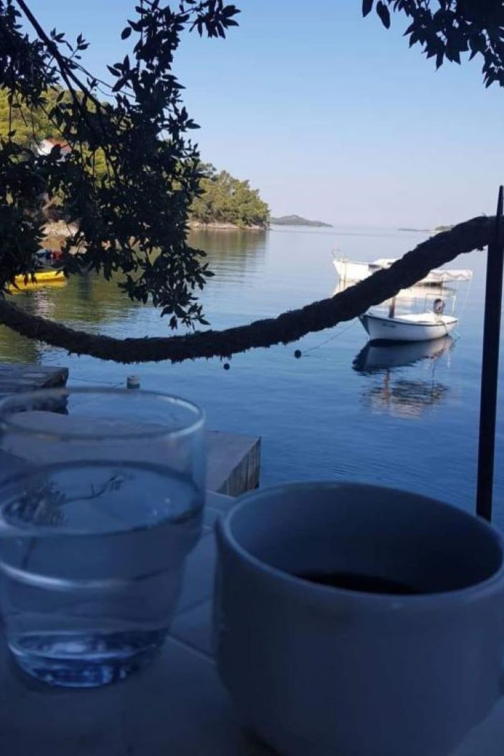 Blick auf ruhiges Gewässer mit Booten, ein Baumast im Vordergrund und ein Tisch mit Tasse und Glas.
