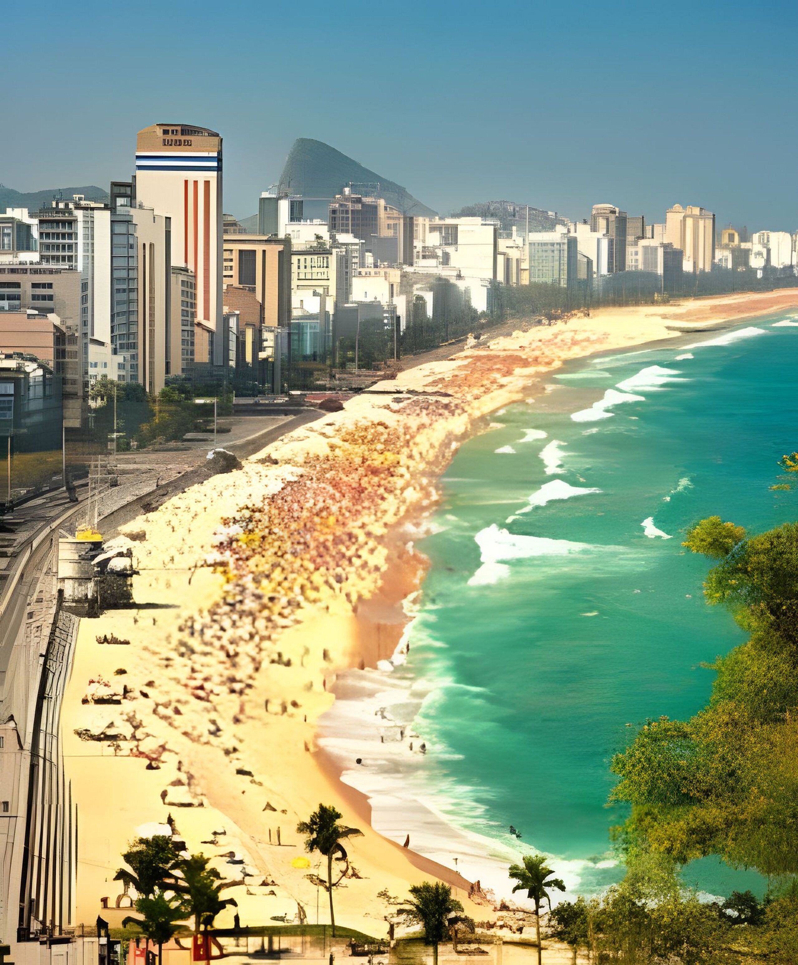 Un paysage urbain côtier avec une vaste plage de sable, un océan bleu limpide et une zone urbaine dense, caractérisée par des bâtiments modernes.
