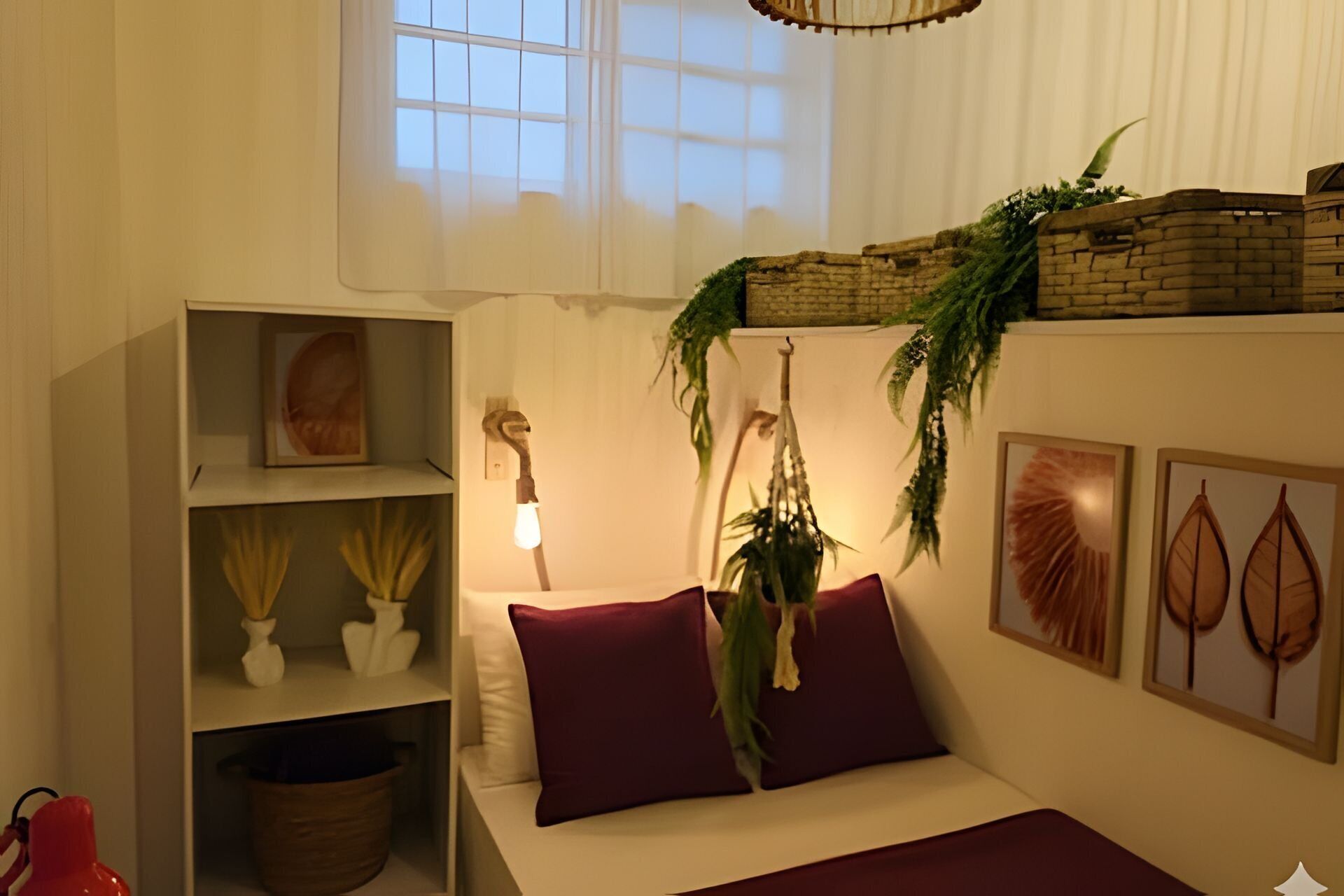 Un dormitorio con cama, una mesita de noche, una estantería con objetos decorativos, una planta colgante y cuadros en la pared.