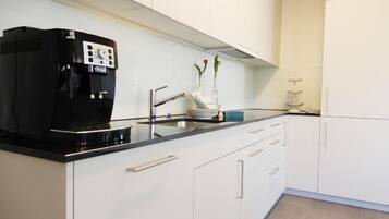 Fridge, oven, dishwasher, cookware/dishes/utensils