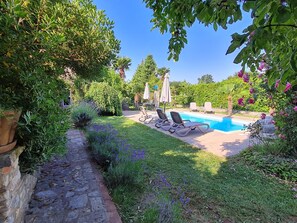 Ein Poolbereich mit Liegestühlen, einem Steinweg und üppiger Bepflanzung.