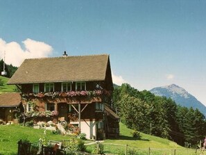 A two-story chalet with a sloped roof, surrounded by lush greenery and a mountain in the background. - Guntern in Lauerz by Interhome (Lauerz)
