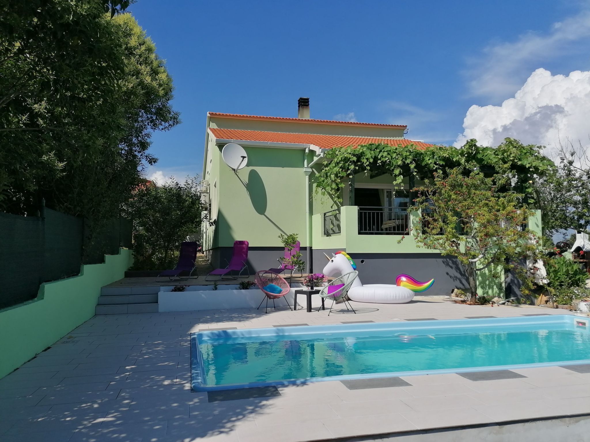 A pool area with a house in the background, a satellite dish, and a unicorn float.