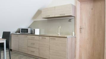 Fridge, microwave, dishwasher, cookware/dishes/utensils