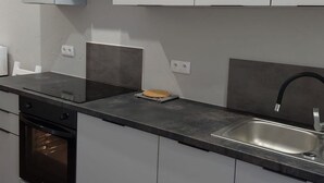 A modern kitchen with grey cabinets, a black countertop, a built-in oven, and a stainless steel sink. - mit Wasserblick by Interhome (Wisełka)