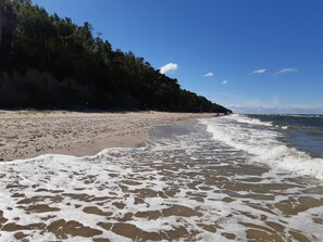 Uma praia com areal e ondas.