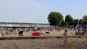 Une plage avec un rivage sablonneux, des parasols et des gens.