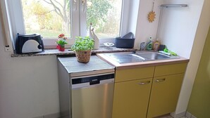 A compact kitchen with a dishwasher, sink, and a window with a view of trees. - Kottmarsdorf by Interhome (Kottmarsdorf)