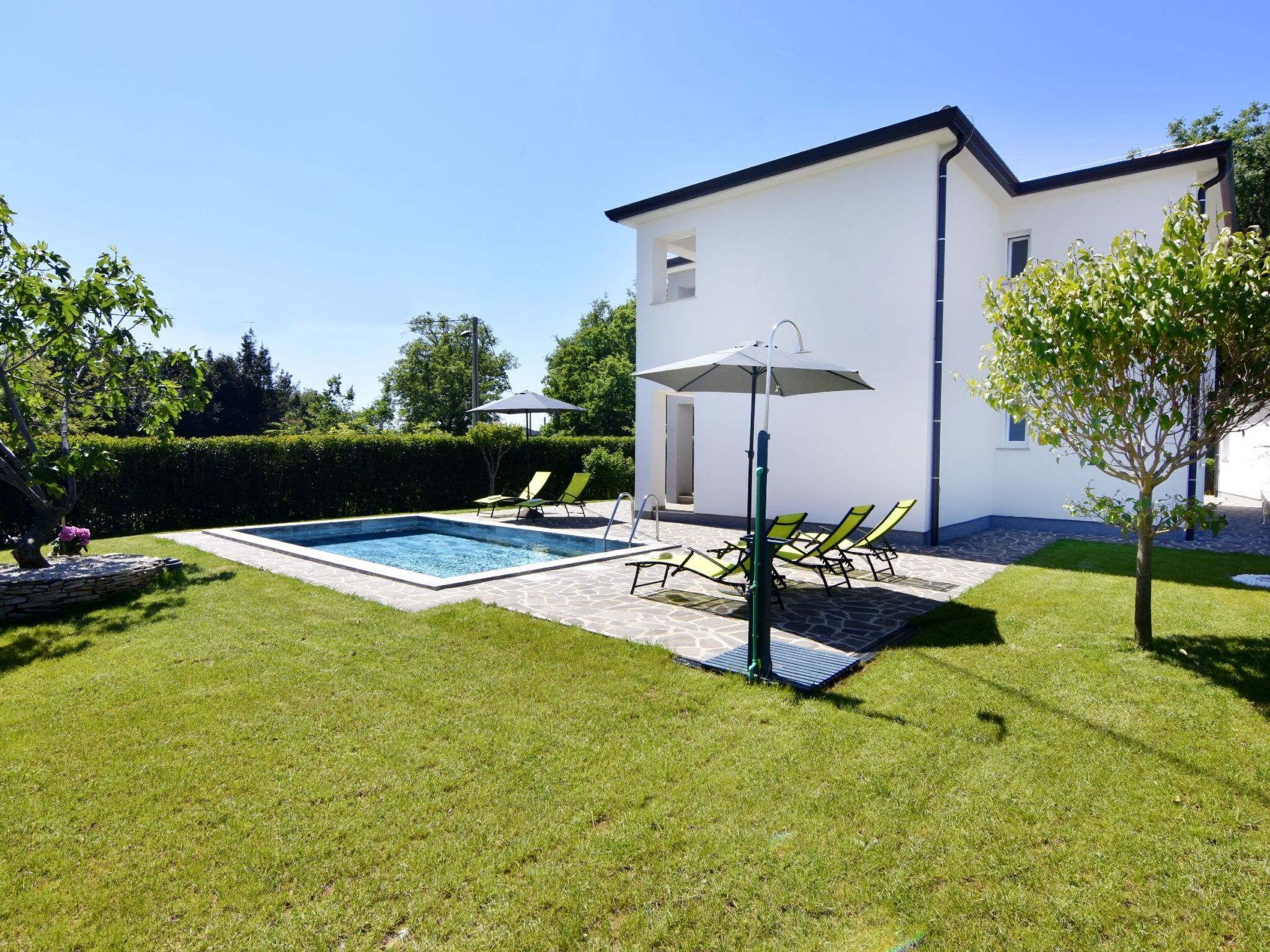 A modern house with a swimming pool, outdoor seating, and a well-maintained lawn.