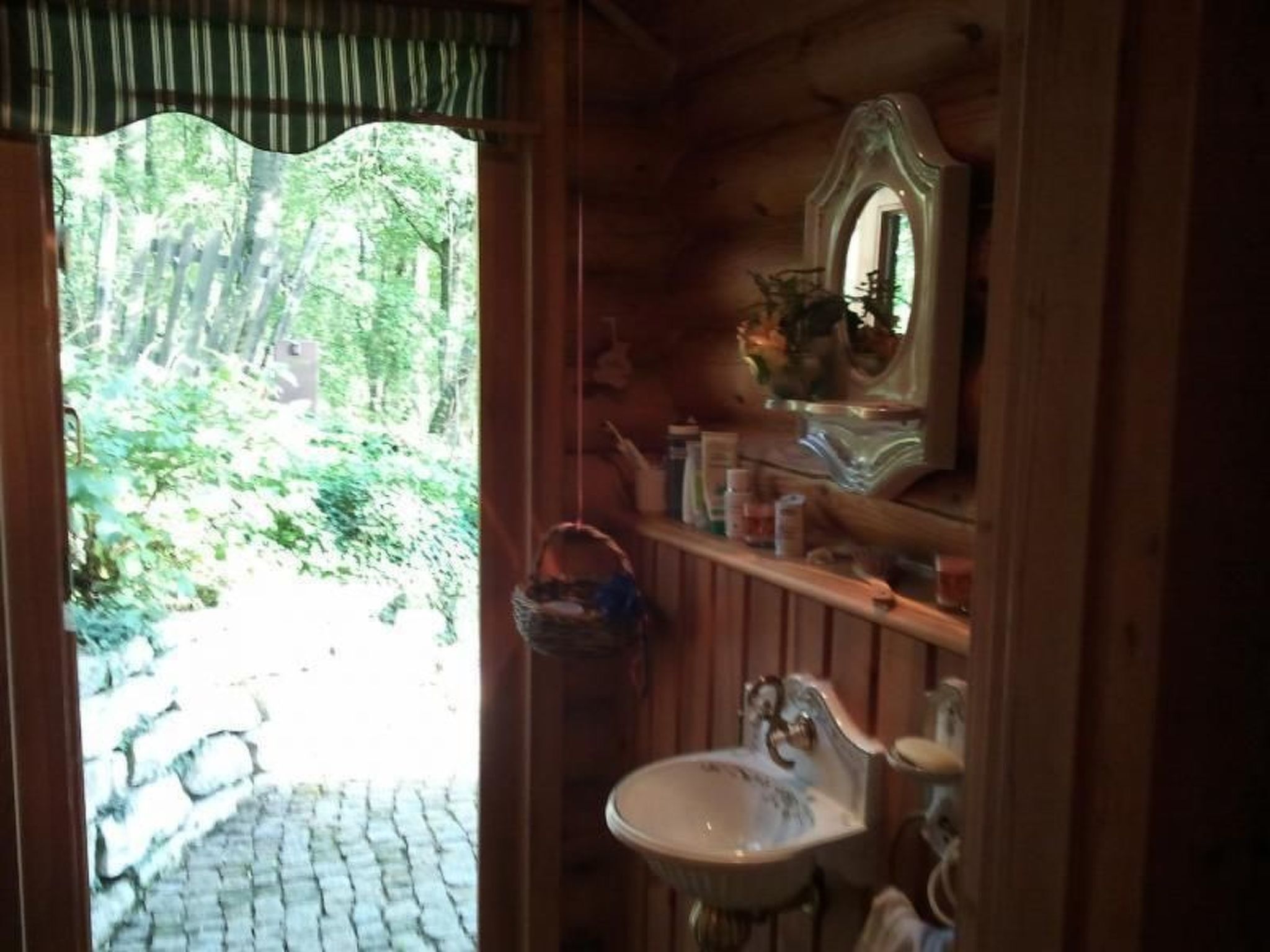 A rustic bathroom with a wooden interior, a stone pathway outside, and a hanging basket.