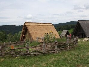 Une cabane en bois rustique, dotée d’un toit de chaume, entourée d’une clôture en bois et d’un petit jardin agrémenté de fleurs et d’une mangeoire à oiseaux.