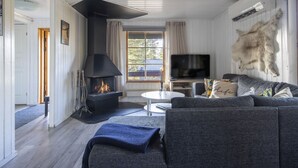 Un salon confortable avec une cheminée, un téléviseur et un canapé.
