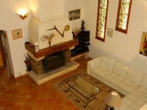 Televisión, chimenea y reproductor de DVD 
